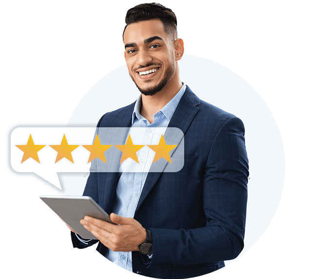 Man smiles and looks at 5 star reviewed company on tablet