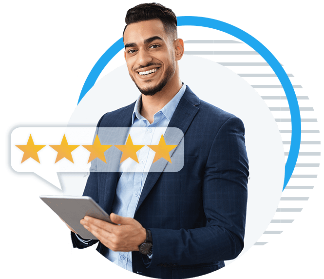 Man smiles and looks at 5 star reviewed company on tablet