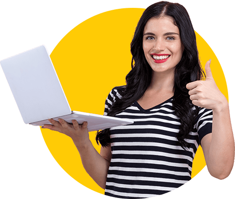 Woman with laptop smiles and gives thumbs up